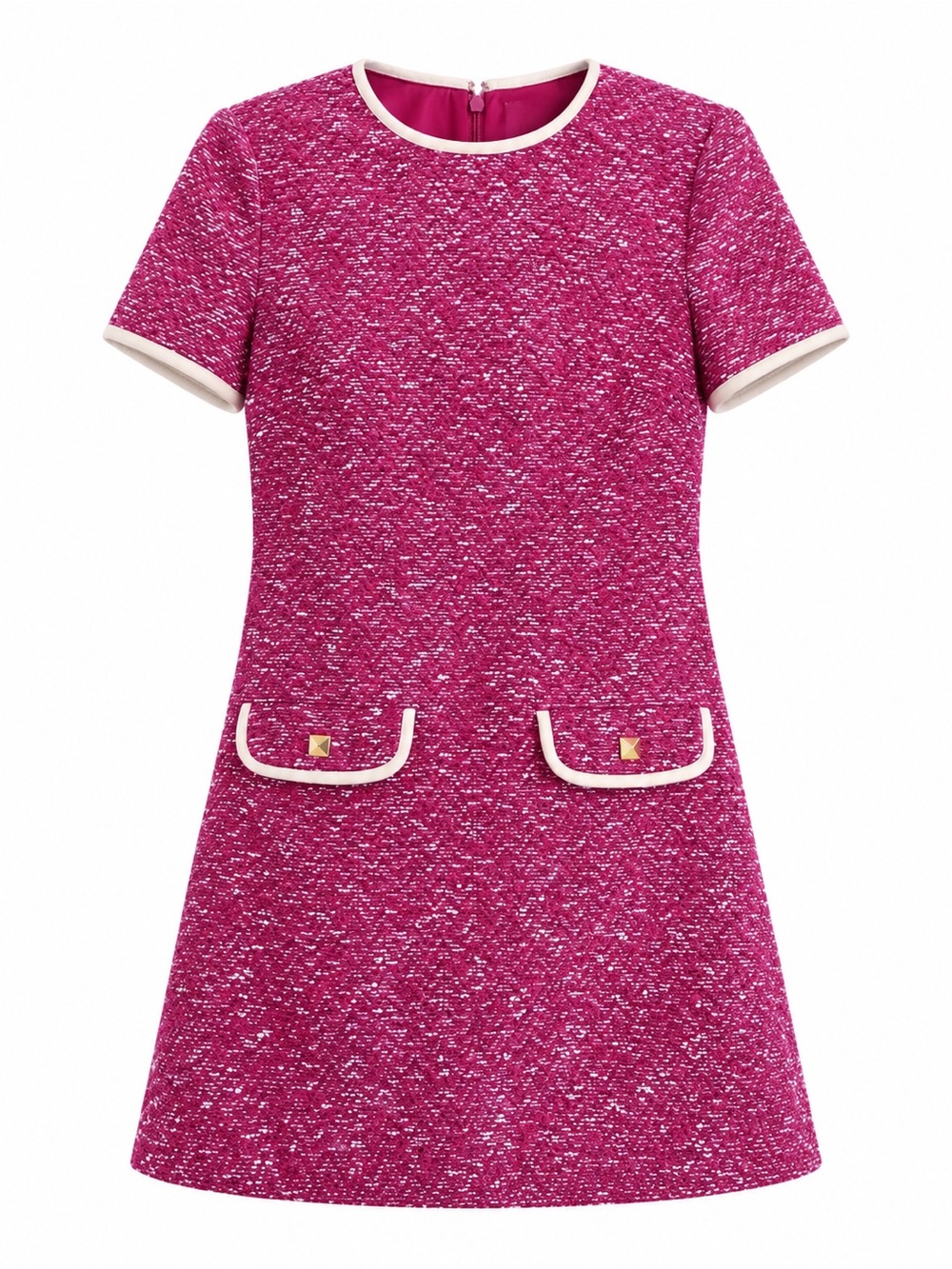 Valentino Fuchsia Tweed Short-Sleeve Pocket Dress with Cream Trim